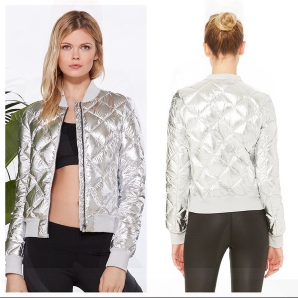 ALO Yoga Silver Quilted Bomber Jacket | Metallic Puffer | XS